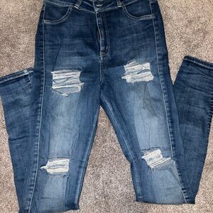 FITJEANS Women's Distressed Dark Blue Skinny Jeans